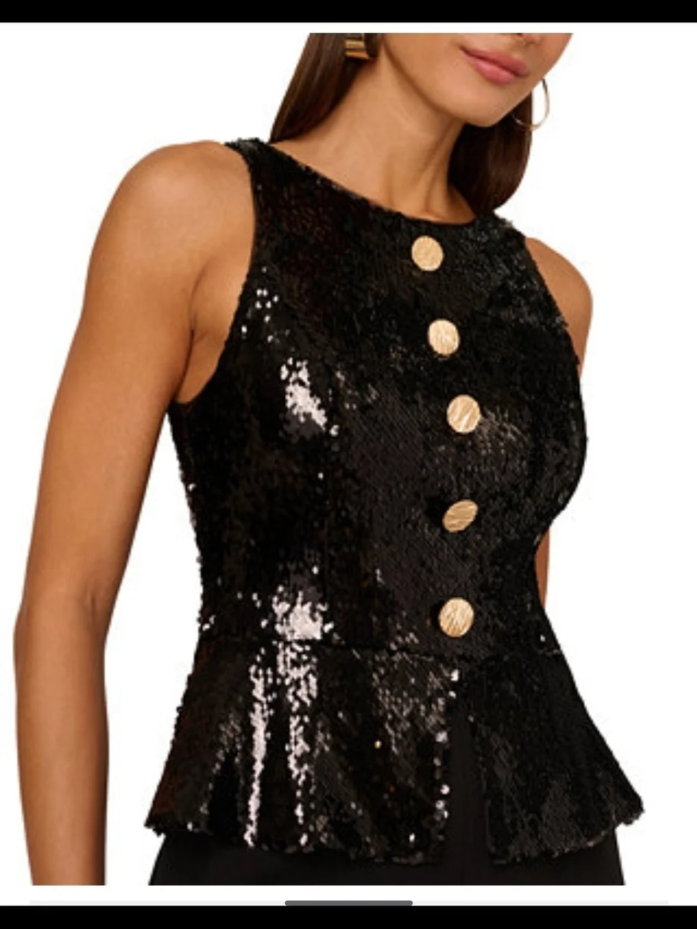 Adrianna Papell Black Sequin Peplum Jumpsuit Gold Buttons CrewNeck CocktailEvent - Picture 4 of 12